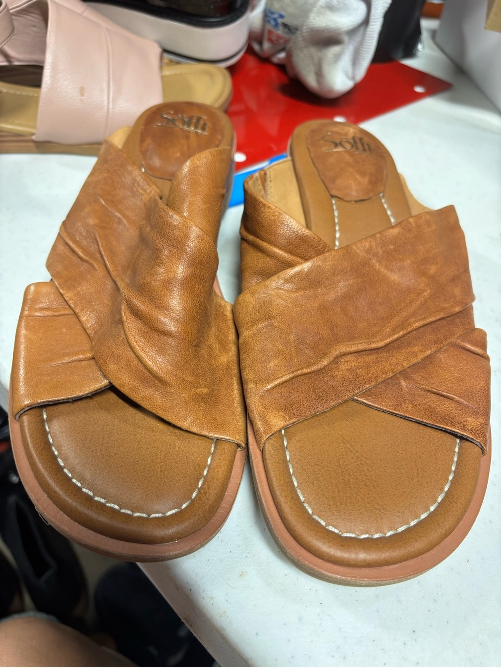 Sofft Cognac Crisscross Slip-On Sandals